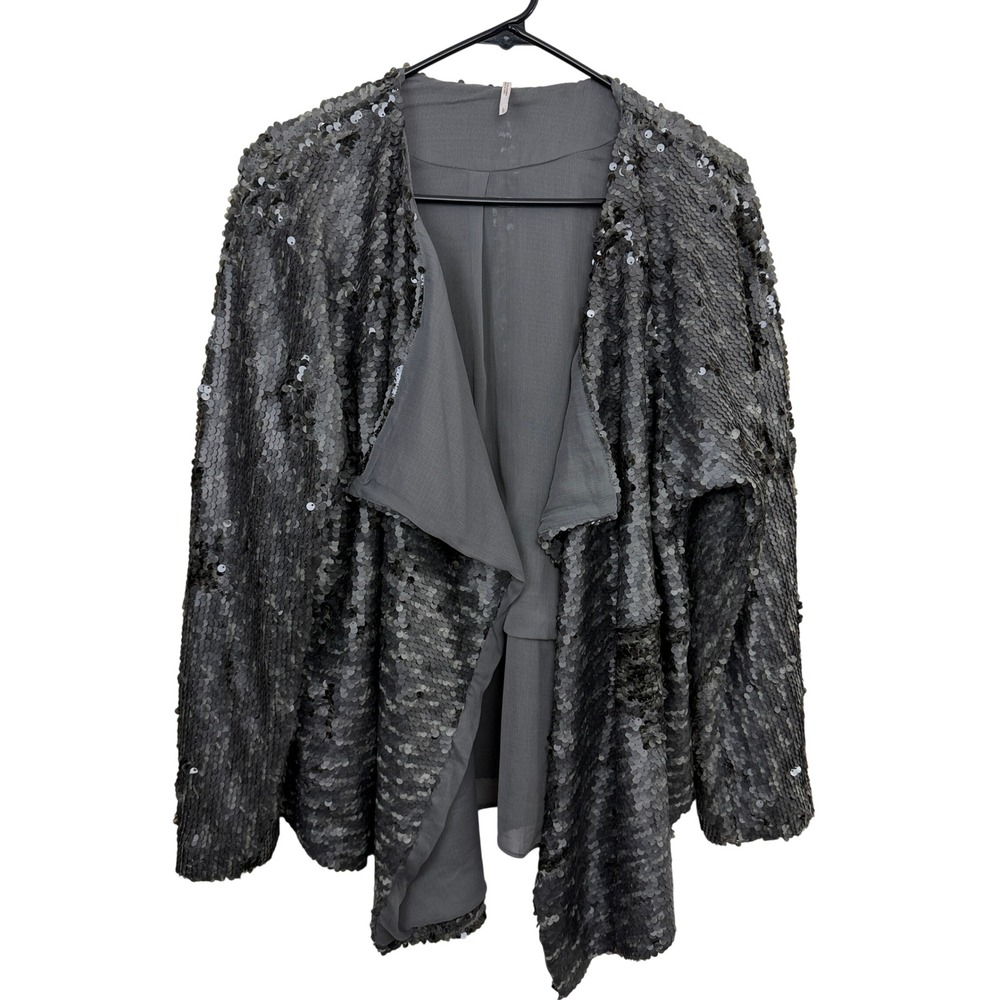 Free People Jacket Womens Large Gray Sequin Open Front Draped Long Sleeve Party